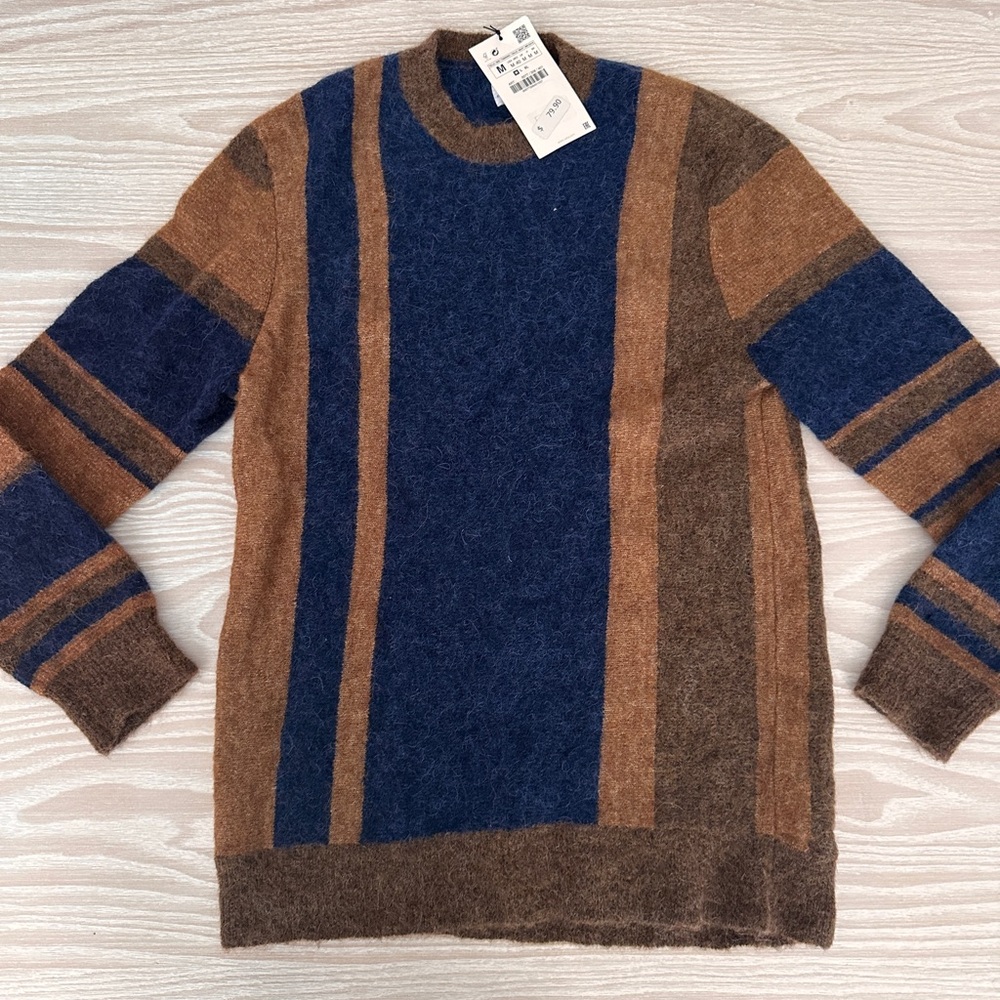 NWT Zara Men’s wool blend striped sweater in brown and blue size M